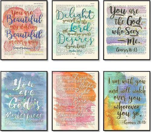 Juego de 6 impresiones artísticas de página de versículos bíblicos cristianos en acuarela, sin marco, Canción de Salomón 4:7, Salmo 37:4, Génesis