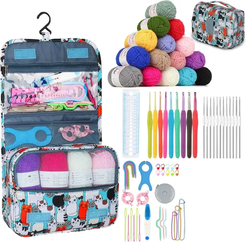 Aeelike Kit de ganchillo con bolsa para viajes, kit fácil de aprender a ganchillo para principiantes de todas las edades, el kit de inicio de
