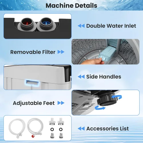 Miniatura 7 de Nictemaw Lavadora portátil de 20 libras, lavadora de carga superior completamente automática de 2.8 pies cúbicos con 4 programas, 4 niveles de agua