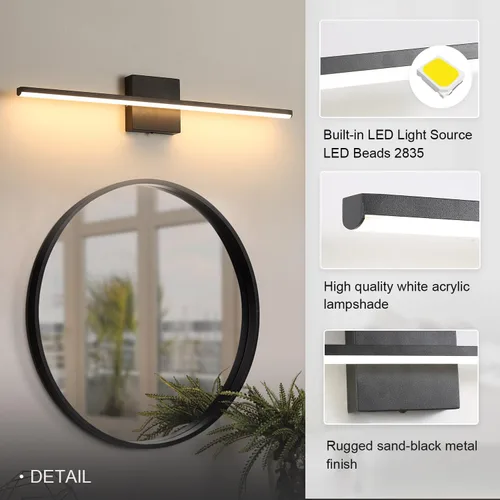 Miniatura 4 de Lámpara de tocador de baño moderna de 24 pulgadas, lámpara de baño negra de 18W sobre espejo, aplique de pared LED regulable de 5CCT para espejo