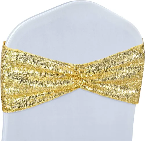 Poise3EHome Juego de 50 bandas elásticas de lentejuelas doradas para sillas de una cara, lazos decorativos para bodas, fiestas, eventos, fundas de