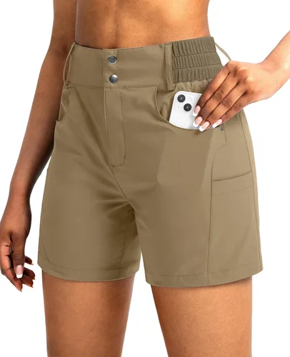 Miniatura 10 de Viodia - Pantalones cortos de senderismo de 5" para mujer, para golf con bolsillos, de cintura alta, elásticos, cargo, pantalones cortos para mujer