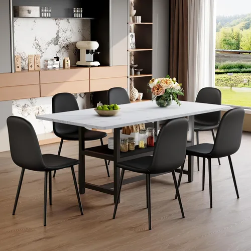 Miniatura 10 de Juego de mesa de comedor MUUOKY para 6, mesa de cocina y sillas para 6, superficie de mesa de piedra sinterizada con 6 sillas de comedor modernas