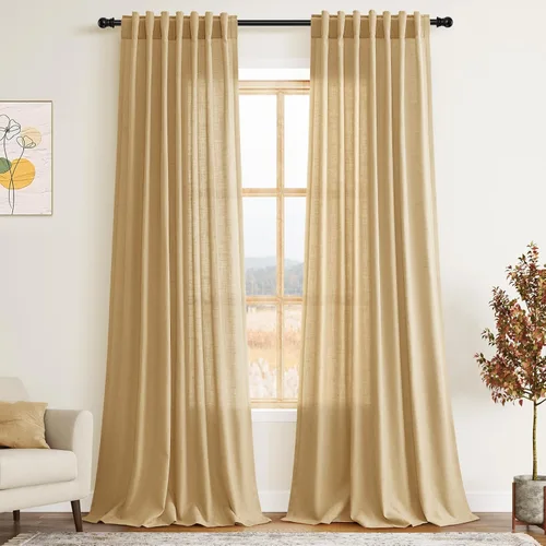 Juego de 2 paneles de cortinas de lino semitraslúcidas con pestaña trasera, filtran la luz, neutras, rústicas, extralargas, para sala, grandes, 52 x