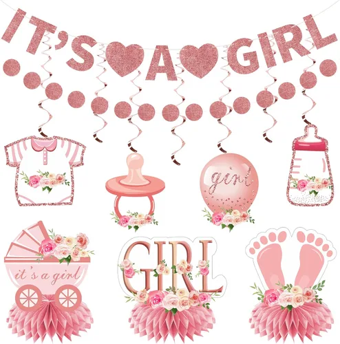 Miniatura 7 de Decoraciones de baby shower para niño, 9 piezas de pancarta de revelación de género de niño con purpurina azul claro, centro de mesa, juego