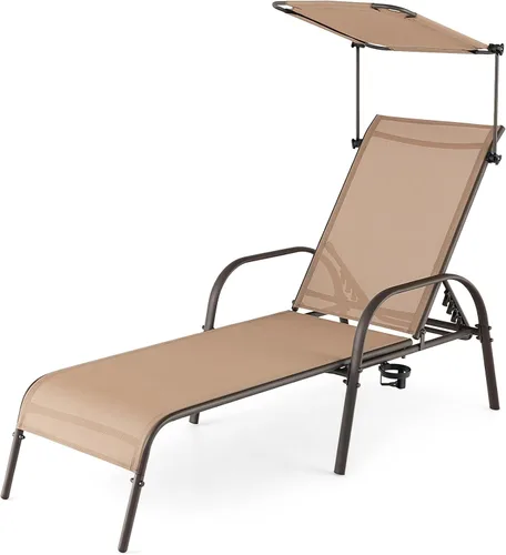 Miniatura 10 de Byroce - Sillón de patio con toldo, tumbona para exteriores con respaldo ajustable de 5 niveles, brazos y portavasos, silla reclinable de metal