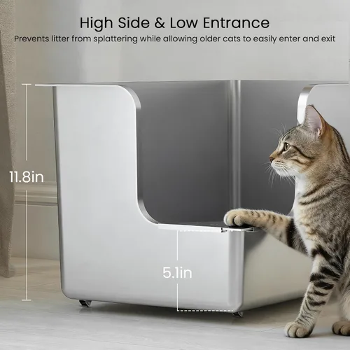Miniatura 3 de Caja de arena de acero inoxidable de 11.8 pulgadas de alto, caja de arena de metal XL para gatos, inodoro para mascotas con apertura de esquina