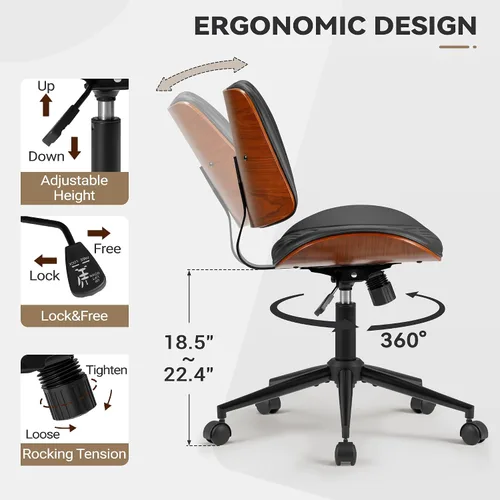 Miniatura 2 de JUMMICO Silla de escritorio de oficina sin brazos con ruedas, moderna silla de escritorio pequeña de cuero de nogal, altura ajustable, giro de 360°