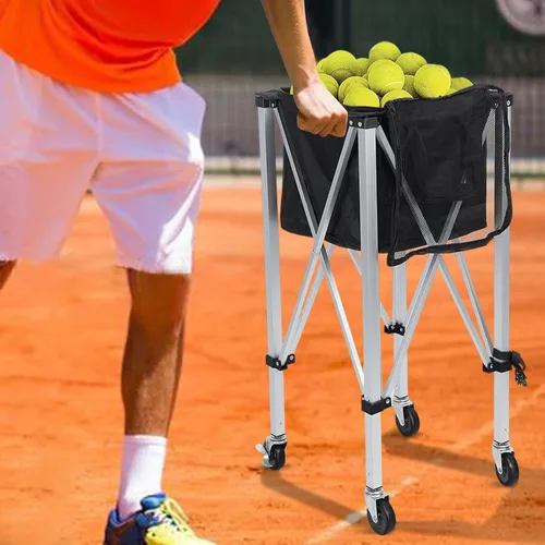 Miniatura 7 de Anvazise Tolva de pelota de tenis con capacidad para 160 bolas, cesta plegable para pelotas de tenis con ruedas y bolsillos laterales extraíbles