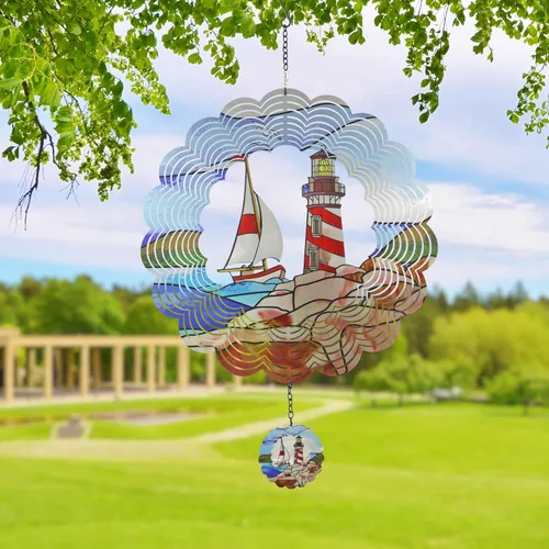 Miniatura 2 de Faro Molinillo de Viento 3D Giratorio Arte de Metal Cinético Colgante Molinillo de Viento Decoración Exterior Adornos de Océano Decoración