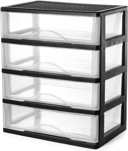 BYCY Organizador de escritorio mediano apilable transparente de 4 cajones para suministros de oficina, cajones de almacenamiento apilables,