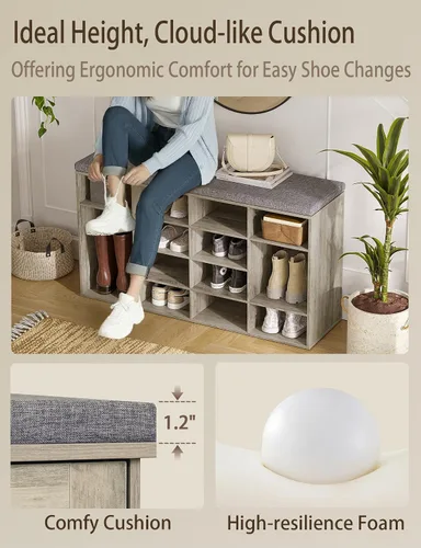 Miniatura 7 de DINZI LVJ Banco de almacenamiento de zapatos con cojín, zapatero de 14 compartimientos, estantes ajustables, banco organizador de zapatos Gris lavado