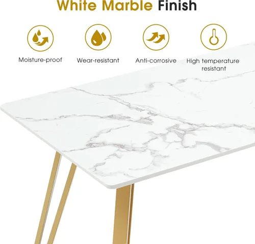 Miniatura 5 de ivinta Mesa de comedor de mármol blanco moderna mesa de comedor rectangular de 55 pulgadas para 46 mesa de comedor blanca con patas doradas mesa