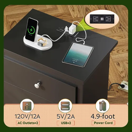 Miniatura 4 de WLIVE Mesita de noche alta con estación de carga, mesita de noche de madera con 3 cajones de almacenamiento, mesas auxiliares con 2 puertos USB