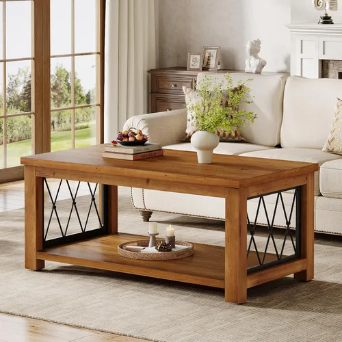 Miniatura 3 de Mesa auxiliar de madera maciza de 47.2 pulgadas, diseño de almacenamiento de 2 niveles, mesa de cóctel central rectangular de granja, marco de metal