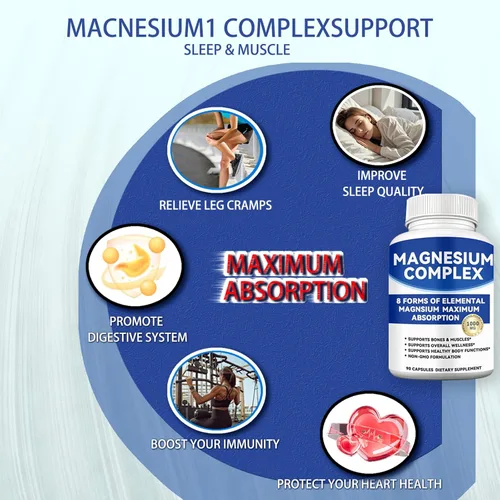 Miniatura 5 de Complejo de magnesio de 1000 mg con 8 formas: glicinato, citrato, malato, taurato para absorción, apoya hueso, músculo, energía y recuperación
