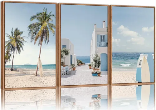 Rantodecor Lienzo enmarcado de playa costera, decoración de pared de palmera para tabla de surf, furgoneta, pintura artística nórdica de casa azul y