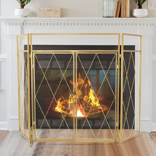 Miniatura 8 de Pantalla de Chimenea de Doble Puerta 5 en 1 49.6''x 30.7'' Grande 3 Paneles Plegable de Hierro Forjado Independiente Pantalla de Chimenea Rústica
