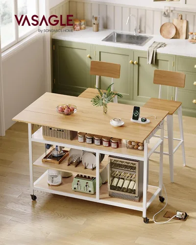 Miniatura 2 de VASAGLE Isla de cocina con hoja abatible, carrito de cocina rodante de 47.2" de ancho con regleta de enchufes, superficie de trabajo extensible