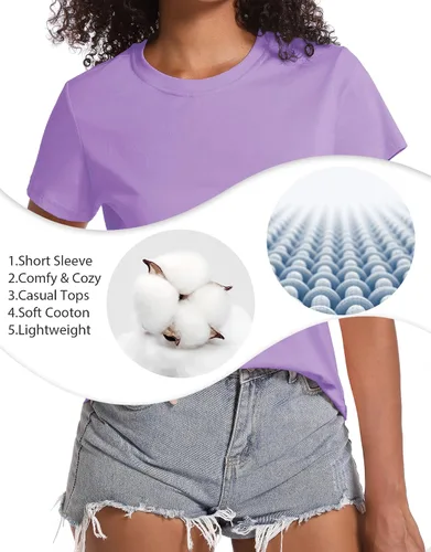 Miniatura 5 de TACVASEN Camisetas de algodón para mujer, camiseta de manga corta, casual, camisetas básicas con cuello redondo