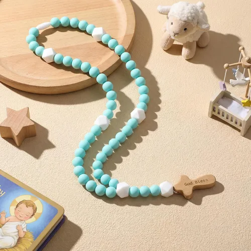 Miniatura 15 de Misdary Rosario de Bebé Regalo de Bautismo de Silicona Dios Bendiga a los Niños Primer Rosario con Cruz Suministros para Fiesta de Bautismo del 1er