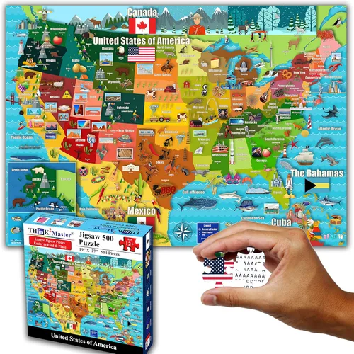 Think2Master Colorido mapa de Estados Unidos 500 piezas con piezas grandes rompecabezas para mayores de 13 años, adolescentes, adultos y familias.