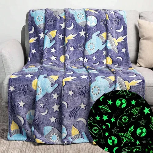 Manta de cohete que brilla en la oscuridad, manta espacial de nave espacial luminosa, luna y estrellas, regalos para niños pequeños y niñas (50 x 60