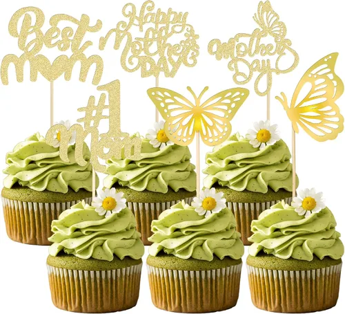 Miniatura 24 de Gyufise 1 paquete de decoración para pastel del día de la madre, la mejor mamá del mundo, con flores de mariposa, decoración de pastel de cumpleaños