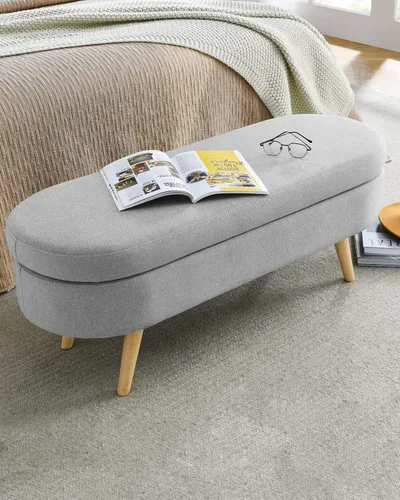 Miniatura 4 de ECLYL Banco de almacenamiento ovalado de 43.5 pulgadas, banco de entrada tapizado de tela de lino con patas de madera maciza, banco otomano