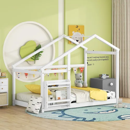 Miniatura 15 de Marco de cama para niños, marco de cama en forma de casa, cama de madera de tamaño individual con valla para niños, adolescentes, niñas, niños