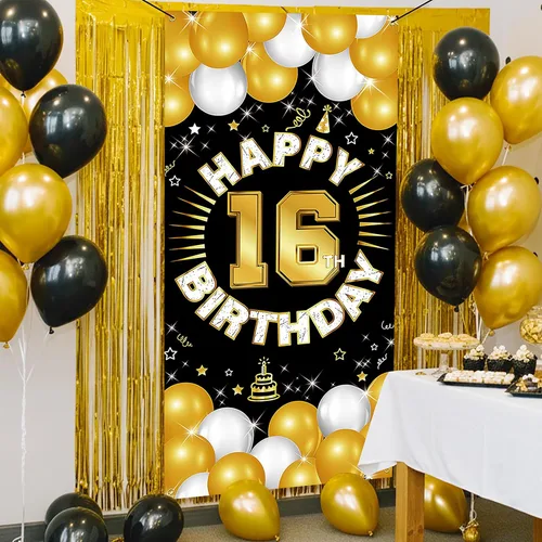 Miniatura 5 de Decoraciones de feliz cumpleaños número 16 para niños y niñas, pancarta de tela para cumpleaños de 16 años, suministros de fiesta de dieciséis años