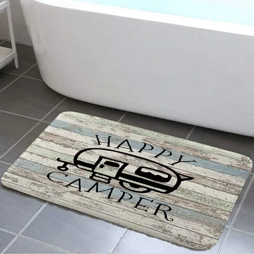 JAWO Happy Campers - Tapete de baño, antideslizante, retro, de madera rústica, color neutro para viajes, remolque, camping, tema, motor, RV, juego