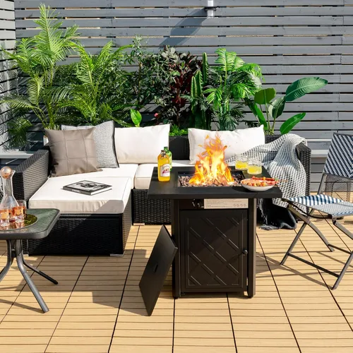 Miniatura 3 de COSTWAY Mesa para fogata de propano al aire libre de 28 pulgadas, mesa de gas para patio de 50,000 BTU, mesa cuadrada 2 en 1 con tapa y rocas
