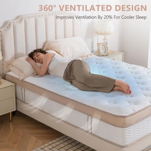 Miniatura 3 de Colchón de tamaño individual de 12 pulgadas, híbrido mediano de enfriamiento de espuma viscoelástica transpirable y cama de resortes ensanchados