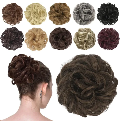 Miniatura 18 de FESHFEN Pieza de Cabello de Moño Desordenado - Extensiones Elásticas Onduladas Rizadas de Moño Scrunchies Sintético Chignon Postizos para Mujeres