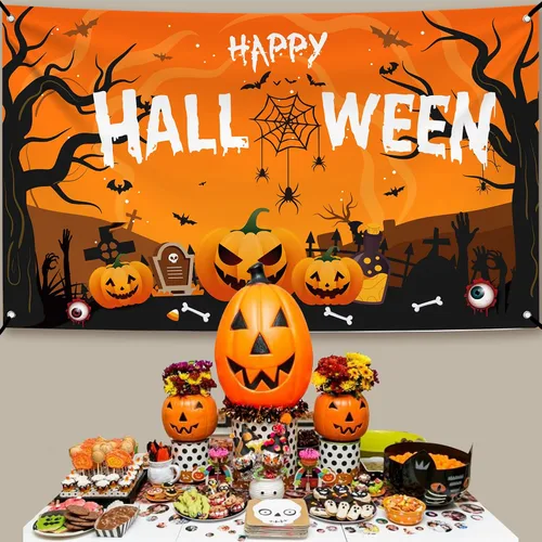 Miniatura 6 de KatchOn Pancarta extragrande de Feliz Halloween, 72 x 44 pulgadas, telón de fondo espeluznante, decoraciones de fiesta naranja y negro, pancarta