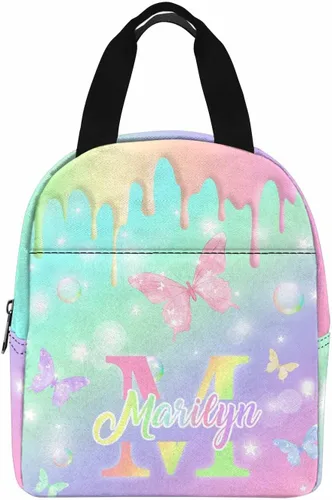 Miniatura 25 de InterestPrint Bolsa de almuerzo con nombre personalizado para hombres y mujeres, diseño de mariposa rosa y azul personalizada, caja de almuerzo
