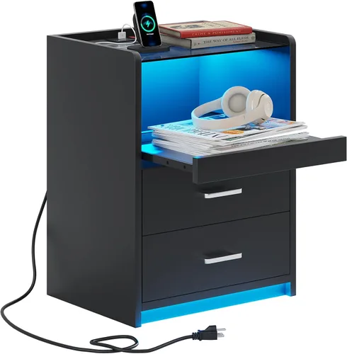 Miniatura 8 de VIAGDO Mesita de noche con estación de carga y luces LED, mesita de noche negra con parte superior de vidrio y cajones de almacenamiento, mesas