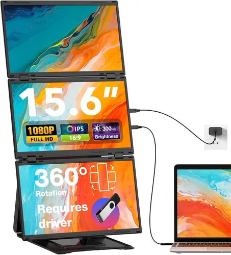 Extensión de Pantalla Cuádruple para Laptop, Monitor Triple FHD de 15.6" 1080P, Combinado en una Pantalla de 30" (Paisaje/Retrato), Solo 1 Cable