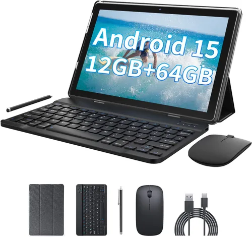 Tableta Android 2 en 1 12 GB RAM+64 GB ROM Tablets 10 pulgadas Android 15 Tablet Set, tabletas con funda de teclado ratón Stylus, 10.1 IN HD