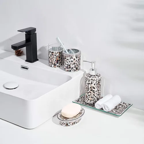 Miniatura 6 de KMWARES Juego de accesorios decorativos de baño de vidrio de mosaico de 5 piezas, incluye dispensador de jabón Hande y vaso, bandeja para jabón