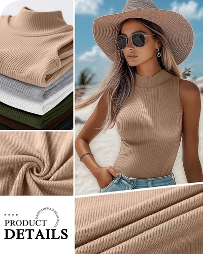 Miniatura 3 de Paquete de 3 camisetas sin mangas con cuello alto falso para mujer, acanaladas, elásticas, ajustadas, básicas, ligeras, bustier