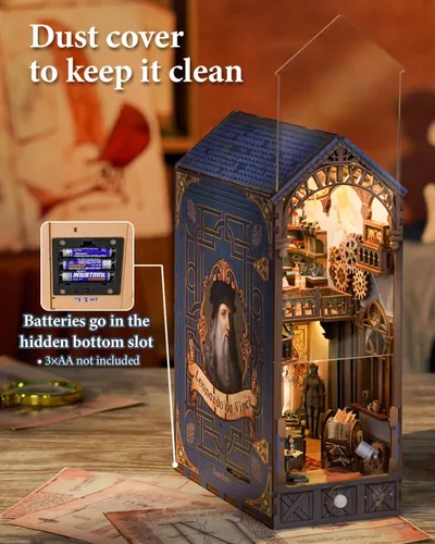 Miniatura 6 de Tonecheer Kit de rincón de libros para adultos, rompecabezas 3D de madera, kit de casa en miniatura, estante de libros para casa de muñecas, soporte