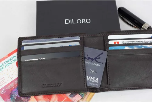 Miniatura 7 de DiLoro Billetera de cuero delgada para hombre con bolsillo y tecnología de bloqueo RFID marrón oscuro Nappa Cartera RFID