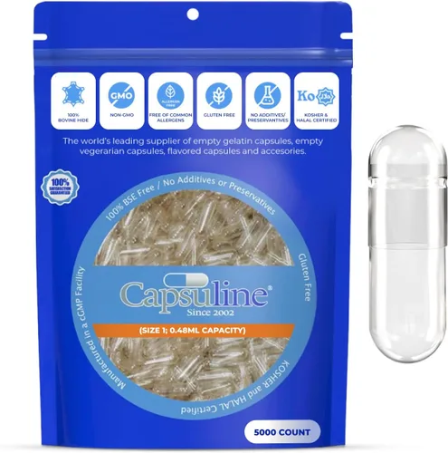 Miniatura 8 de Capsuline Cápsulas de gelatina vacías tamaño 1, transparentes, 1000 unidades, sin gluten, Kosher, con certificación OGM Pastillas bovinas puras