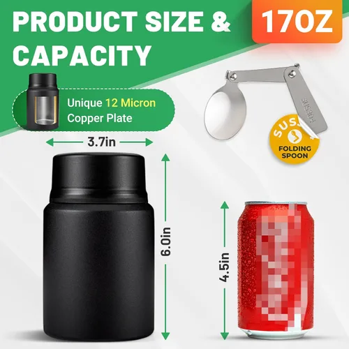 Miniatura 2 de Charcy Termo de 17oz para alimentos calientes, sopa termo contenedor de alimentos para lonchera con cuchara plegable ZB - Negro