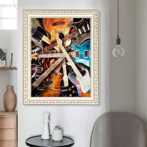 Miniatura 3 de Pintura de diamantes, guitarra eléctrica rodeada de fondo de relámpagos, arte para adultos relajarse y decoración de pared del hogar, regalo