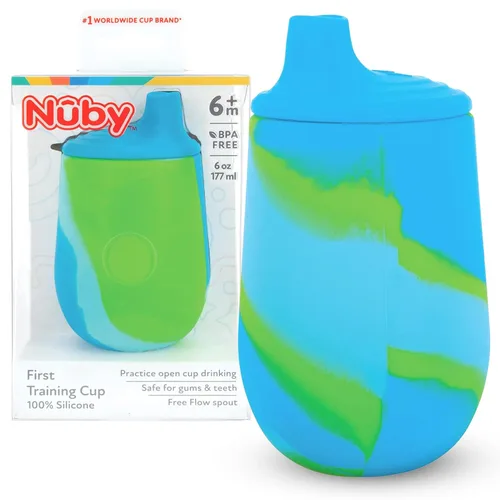 Nuby Taza de silicona Tie-dye para primer entrenamiento con boquilla suave de flujo libre, 6 onzas, más de 6 meses, azul/verde
