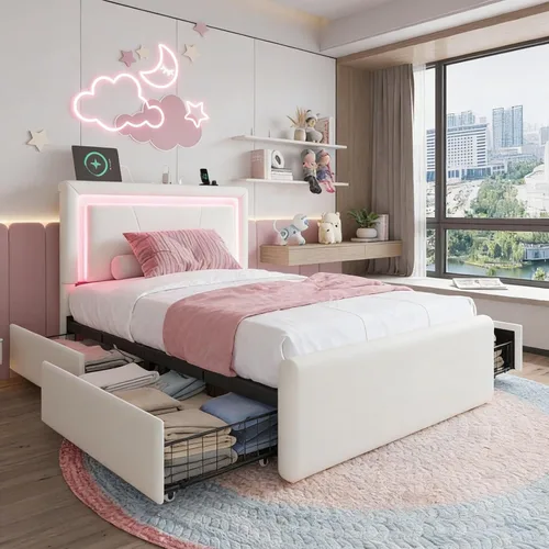 Miniatura 11 de LoVinson Base de cama tamaño completo con 4 cajones de almacenamiento, camas de plataforma de metal con cabecera ajustable, estación de carga Negro