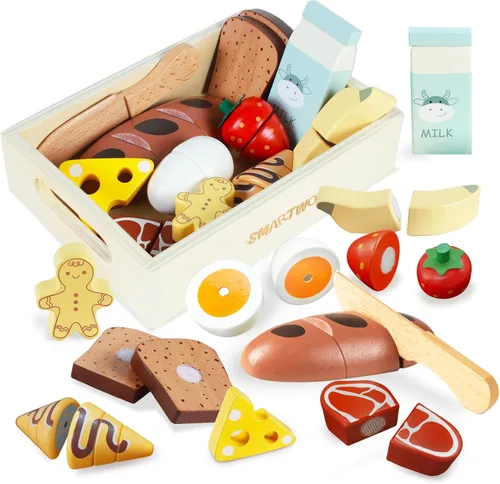 Juegos de comida de madera para la cocina de los niños, juguetes de comida para el desayuno para niños pequeños de 3 años en adelante, accesorios de